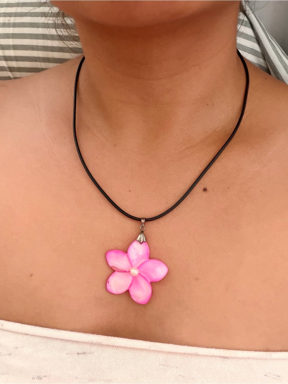 Pink Floral Pendant Necklace with Pearl Accent - Women Jewelry
